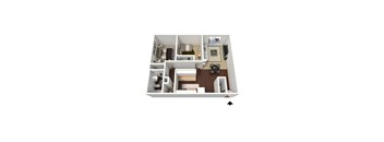 A top down view of a small apartment with a kitchen, living room, and bedroom.