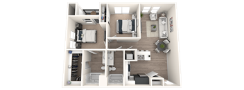 A 3D floor plan of a small apartment with two bedrooms, a living room, and a kitchen.