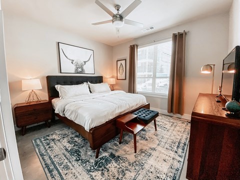 Bedroom With Ceiling Fan at Presidio at River East, Fort Worth, TX, 76111