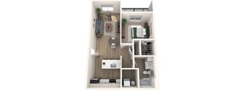 A 3D floor plan of a small apartment with a kitchen, living room, and bedroom.