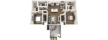 A 3D floor plan of a house showing the layout of the rooms.