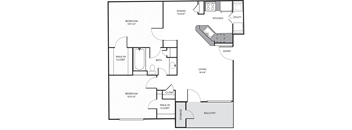 A floor plan of a home with two bedrooms, a living area, a kitchen, a bathroom, a walk-in closet, a storage area, and a balcony.