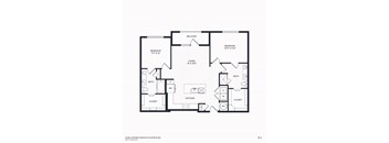 A floor plan of a home with a living room, kitchen, two bedrooms, and two bathrooms