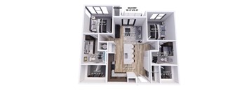 A diagram of a house layout with a balcony, two bedrooms, a living room, a kitchen, a bathroom, and a closet.