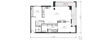 A floor plan of a small apartment with a sleeping area, a living area, a bathroom, and a store.