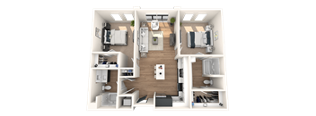 A 3D floor plan of a small apartment with a kitchen, living room, and two bedrooms.