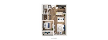 A floor plan of a small apartment with a bedroom, living room, and kitchen.