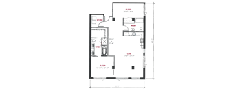 A floor plan of a small apartment with a sleeping area, a store, a wash area, and a live area.