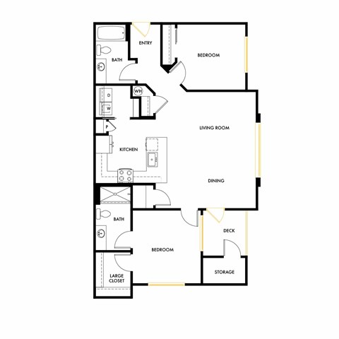 A floor plan of a house with a living room, dining room, kitchen, two bedrooms, a bathroom, a deck, a storage area, and a large closet.