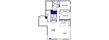 A floor plan of a 2 bedroom apartment with a living room, kitchen, two bedrooms, and two bathrooms.