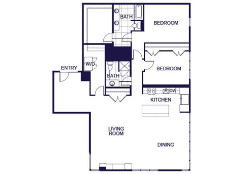 A floor plan of a 2 bedroom apartment with a living room, kitchen, two bedrooms, and two bathrooms.