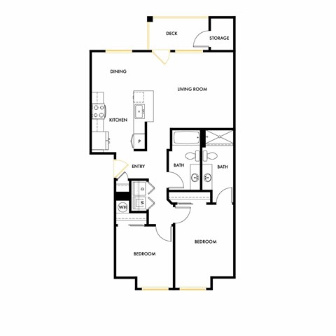 A floor plan of a house with labeled rooms such as kitchen, living room, and bedroom.