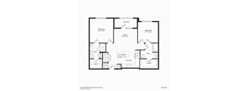A floor plan of a home with two bedrooms, a living room, two bathrooms, a kitchen, and a closet.