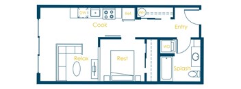 A floor plan of a small apartment with a kitchen, living room, and bedroom.