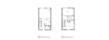 A drawing shows two different layouts for a unit, one from a lower level and one from an upper level.