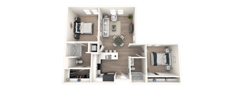 A 3D floor plan of a house showing a living room, kitchen, dining room, and bedrooms.