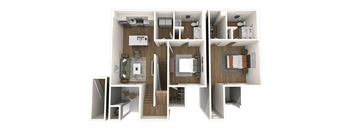 A 3D floor plan of a house showing all rooms and their layouts.