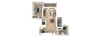 A 3D floor plan of a small apartment with a living room, kitchen, and bedroom.