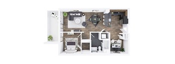 A top-down view of a modern apartment layout with a living area, kitchen, and bathroom.