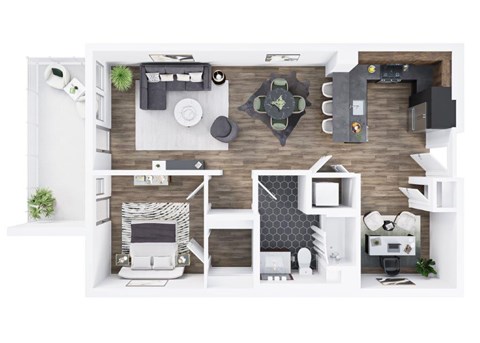 A top-down view of a modern apartment layout with a living area, kitchen, and bathroom.