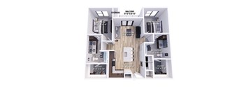A floor plan of a house with a balcony, storage, and a kitchen.