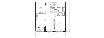 A floor plan of a small apartment with a sleeping area, a store, a wash area, a live area, and a breathe area.