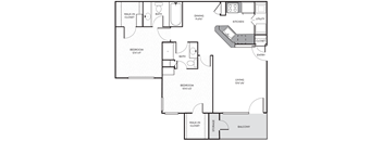A black and white image of a floor plan for a home with three bedrooms, a living room, a dining room, a kitchen, a walk-in closet, a balcony, and storage.