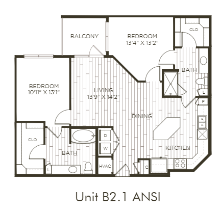 Aura Old Town B2.1 ANSI Two Bedroom Two Bathroom Floor Plan