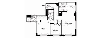 735 St. Clair Apartments B2 2D Floor Plan with a kitchen, dining area, living room, two bathrooms and two bedrooms.