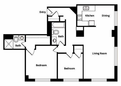735 St. Clair Apartments B2 2D Floor Plan with a kitchen, dining area, living room, two bathrooms and two bedrooms.