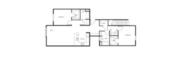 A floor plan of a house with two bedrooms and a garage.