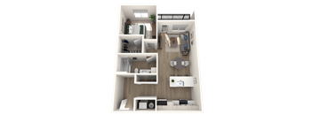 A 3D floor plan of a house with a living room, kitchen, and dining area.