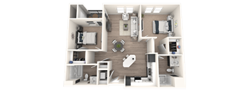 A 3D floor plan of a house layout.