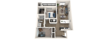 A 3D floor plan of a small apartment with a kitchen, living room, and bedroom.