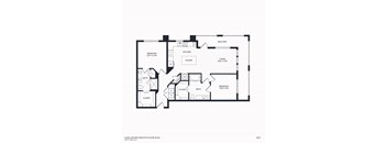 A floor plan of a home with a living room, two bedrooms, two bathrooms, a kitchen, and an island.