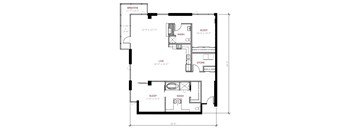 A black and white image of a floor plan for a small apartment.