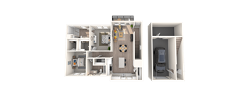 A 3D floor plan of a house showing a kitchen, living room, and bedrooms.