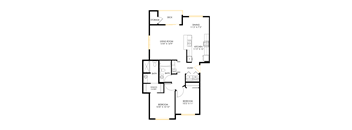 A floor plan of a house with a living room, dining room, kitchen, two bedrooms, a bath, and a walk-in closet.