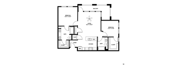 A floor plan of a house with a living room, kitchen, two bedrooms, and a bathroom.