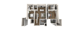A 3D floor plan of a house with multiple rooms and furniture.
