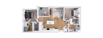 A top-down view of a modern apartment layout with a kitchen, living room, and bedrooms.