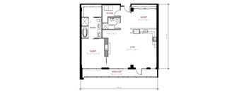 A floor plan of a small apartment with a sleeping area, a washroom, a store, a live area, and a breathe area.