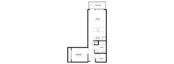 A black and white image of a floor plan for a small apartment.