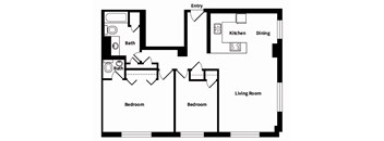 735 St. Clair Apartments B4 2D Floor Plan with two bedrooms, a living room, a kitchen, a dining area, and two bathrooms.