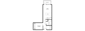 A black and white image of a floor plan for a one bedroom apartment.