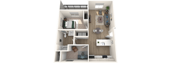 A 3D floor plan of a small apartment with a bedroom, living room, kitchen, and bathroom.