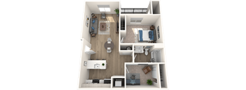 A 3D floor plan of a small apartment with a living room, kitchen, and bedroom.