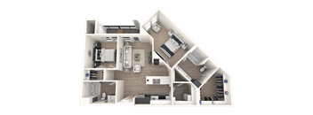 A 3D floor plan of a house showing a kitchen, living room, two bedrooms, and a bathroom.