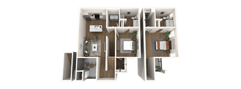 A 3D floor plan of a house with multiple rooms and furniture.