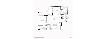 A floor plan of B5's layout with a living room, two bedrooms, two bathrooms, and a kitchen